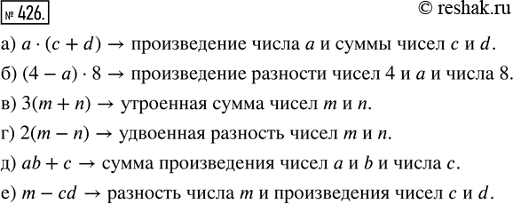Изображение ﻿Прочитайте выражение:  а) а · (с + d);   в) 3(m + n);   д) аb + с;  б) (4 - а) · 8;   г) 2(m - n);   е) m -...