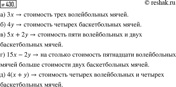 Изображение ﻿Цена одного волейбольного мяча х р., а баскетбольного мяча у р. Что означают выражения:  а) 3х;   б) 4у;   в) 5х + 2у;   г) 15x - 2у;   д) 4(x +...