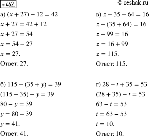 Изображение ﻿Решите уравнение:  а) (х + 27) - 12 = 42;    в) z - 35 - 64 = 16;  б) 115 - (35 + у) = 39;   г) 28 - t + 35 =...