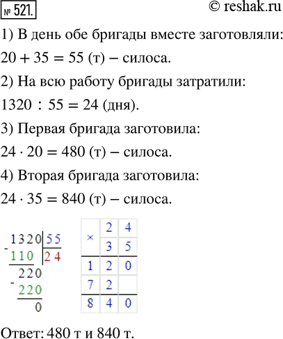 Изображение ﻿Две бригады, работая вместе, заготовили 1320 т силоса. Ежедневно одна бригада заготовляла 20 т силоса, а другая — 35 т. Сколько силоса заготовила каждая...