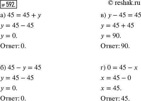 Изображение ﻿Найдите корень уравнения:  а) 45 = 45 + у;   в) у - 45 = 45;  б) 45 - у = 45;   г) 0 = 45 -...