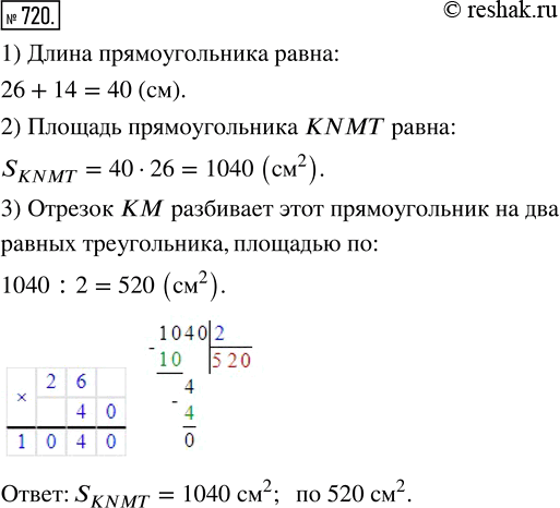 Изображение ﻿Ширина прямоугольника KNMT равна 26 см, а его длина на 14 см больше. Чему равна площадь...