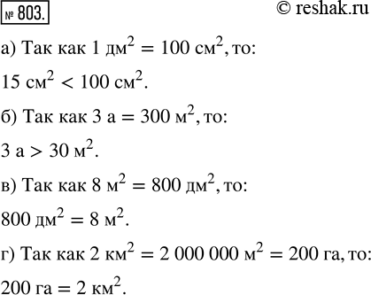 Изображение ﻿Сравните площади:  а) 15 см^2 и 1 дм^2;   в) 800 дм^2 и 8 м^2;  б) 3 а и 30 м^2;       г) 200 га и 2...