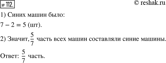 Изображение ﻿Около дома стояло 7 машин. Из них 2 были серыми, а остальные — синими. Какую часть всех машин составляли синие...