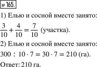 Изображение ﻿Для посадки леса выделили участок площадью 300 га. Ель высадили на 3/10 участка, а сосну — на 4/10 участка. Сколько гектаров занято елью и сосной...