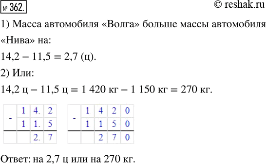 Изображение ﻿Масса автомобиля «Нива» 11,5 ц, а масса автомобиля «Волга» .14,2 ц. На сколько масса «Волги»...