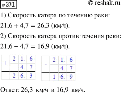 Изображение ﻿Собственная скорость катера (скорость в стоячей воде) равна 21,6 км/ч, а скорость течения реки 4,7 км/ч. Найдите скорость катера по течению и против...