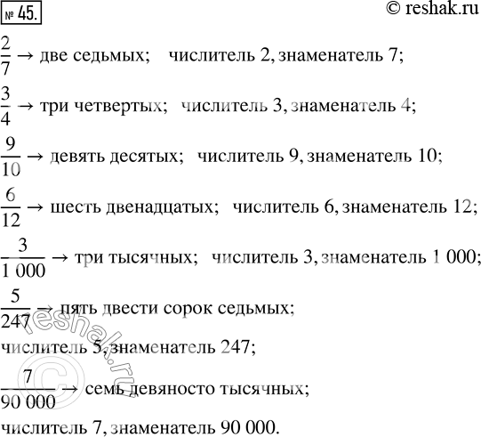 Изображение ﻿Прочитайте дроби: 2/7, 3/4, 9/10, 6/12, 3/1000, 5/247, 7/90000. Назовите числитель и знаменатель каждой...