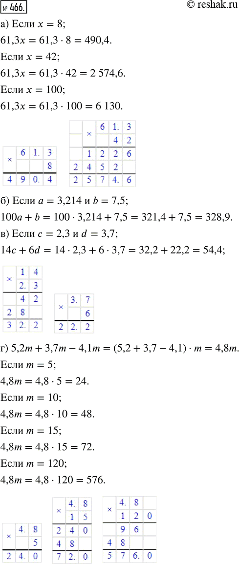 Изображение ﻿Найдите значение выражения:  а) 61,3x, если х = 8; 42; 100;  б) 100а + b, если а = 3,214 и b = 7,5;  в) 14с + 6d, если с...