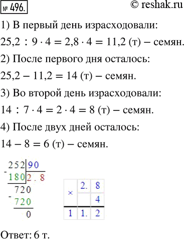 Изображение ﻿Для посева было приготовлено 25,2 т семян. В первый день на посев израсходовали 4/9 всех семян, а во второй — 4/7 остатка. Сколько семян осталось после двух дней...