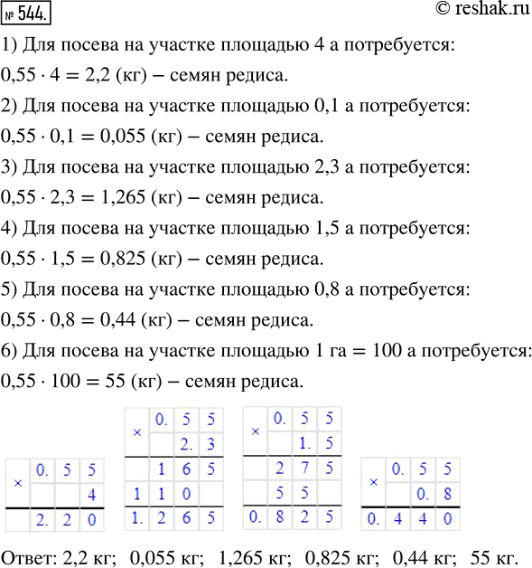 Изображение ﻿При посеве редиса расходуют 0,55 кг семян на один ар. Сколько килограммов семян редиса потребуется для посева на участке площадью 4 а; 0,1 а; 2,3 а; 1,5 а; 0,8 а; 1...