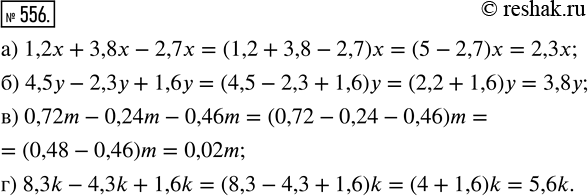 Изображение ﻿Упростите выражение:  а) 1,2x + 3,8x - 2,7x;    в) 0,72m - 0,24m - 0,46m;  б) 4,5y - 2,3у + 1,6у;    г) 8,3k - 4,3k +...
