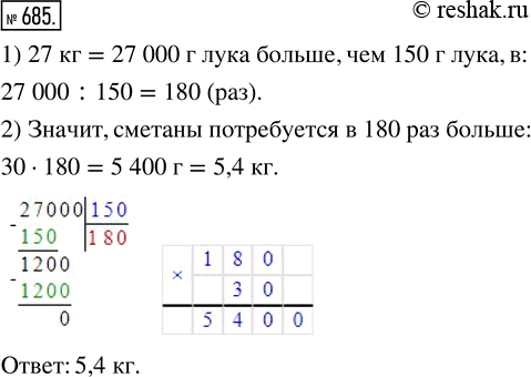 Изображение ﻿Для приготовления салата из зелёного лука берут 150 г зелёного лука и 30 г сметаны. Сколько сметаны потребуется повару, чтобы приготовить салат из 27 кг зелёного...