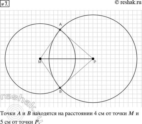 Изображение ﻿Начертите отрезок МВ, равный 6 см. Найдите две точки А и В, которые находились бы на расстоянии 4 см от точки М и 5 см от точки...