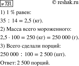 Изображение ﻿Сливочное мороженое содержит 14 % сахара. На приготовление мороженого израсходовали 35 кг сахара. Сколько сделали порций мороженого, если в каждой порции 100...