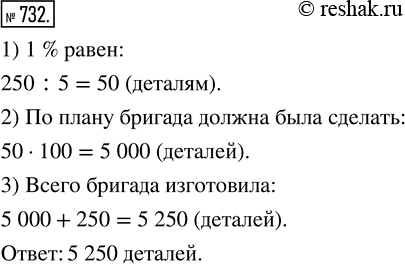 Изображение ﻿Применяя интенсивную технологию, бригада изготовила сверх плана 250 деталей, перевыполнив тем самым план на 5 %. Сколько деталей изготовила...