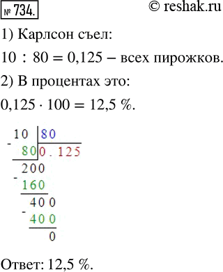 Изображение ﻿Фрекен Бок испекла 80 пирожков, и Карлсон тут же съел 10 пирожков. Сколько процентов всех пирожков съел...