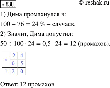 Изображение ﻿Стреляя в тире, Дима в 76 % случаев попал в мишень. Сколько промахов допустил Дима, если всего он произвёл 50...