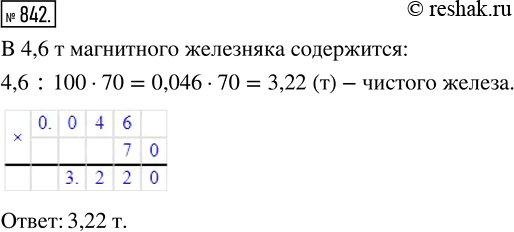 Изображение ﻿Магнитный железняк содержит 70 % чистого железа. Сколько тонн чистого железа содержится в 4,6 т магнитного...