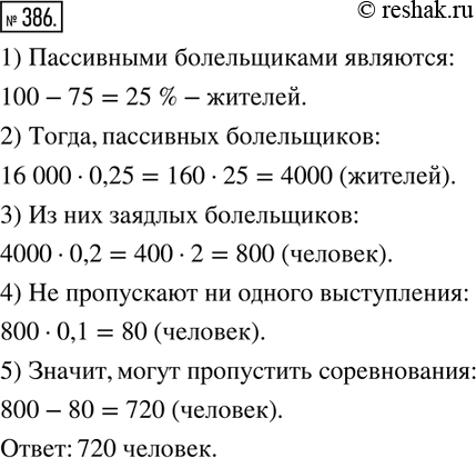 Изображение ﻿386. Все 16 тысяч жителей на острове положительно относятся к спорту. 75 % из них занимаются...