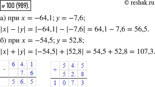 Изображение 100. Найдите значение:  а) |x| - |y|, если x = -64,1, у = -7,6;  б) |x| + |y|, если х = -54,5, у =...