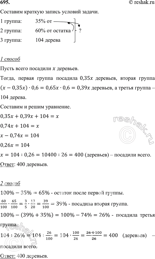 Изображение 695. Три группы школьников посадили деревья вдоль дороги. Первая группа посадила 35 % всех...