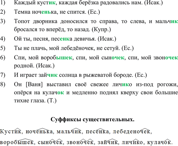 Изображение 221. Спишите. Обозначьте суффиксы существительных с пропущенными буквами.  1) Каждый куст..к,...