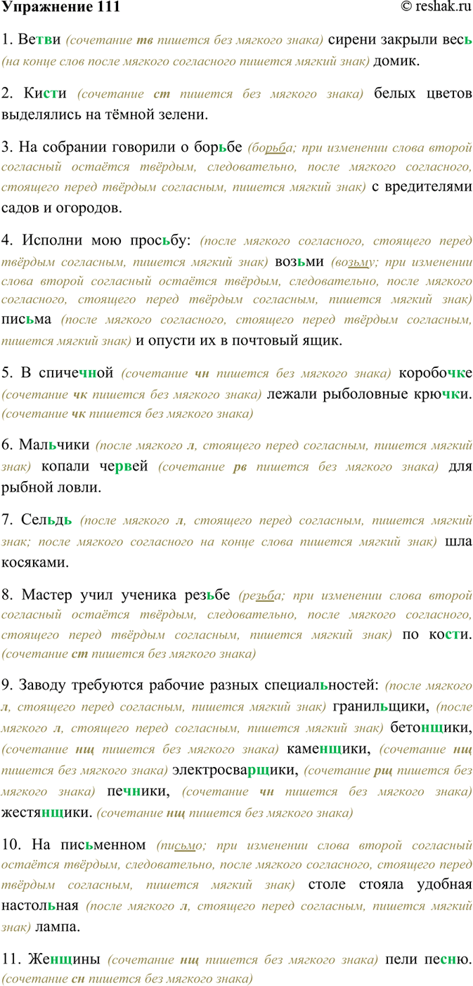 Изображение 111. Спишите. Объясните (устно) написание ь.  1) Вет(?)ви сирени закрыли вес(?) домик. 2) Кис(?)ти...