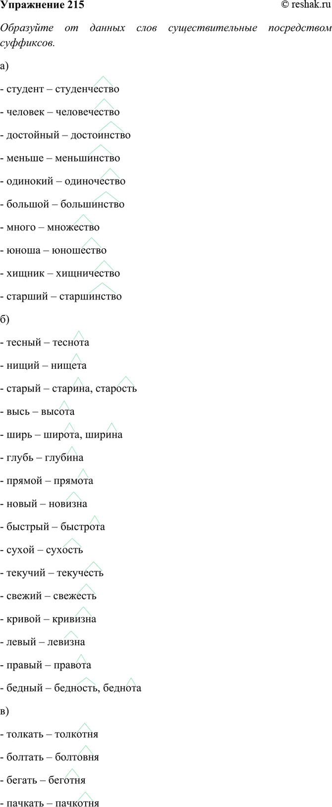 Изображение 215. Образуйте от данных слов существительные посредством суффиксов: а) -еств-, -(ин)ств-; б) -ин-,...