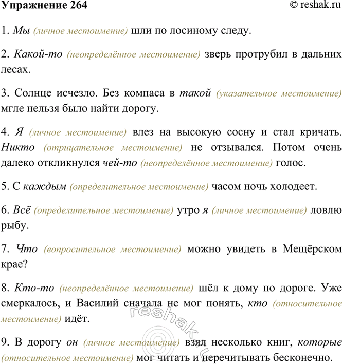 Изображение 264. Прочитайте. Найдите местоимения и укажите их разряд.  1) Мы шли по лосиному следу. 2)...