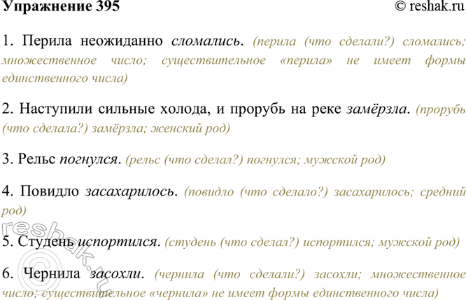 Изображение 395. Спишите, употребляя глаголы в форме прошедшего времени.  1) Перила неожиданно (сломаться)....
