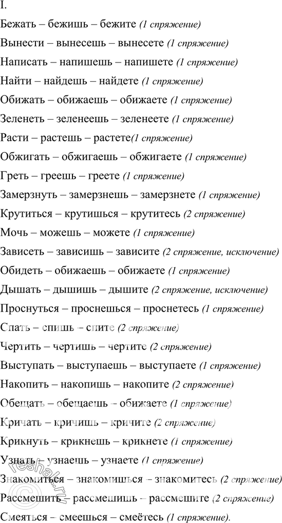 Изображение 102. I. Образуйте формы 2-го л. ед. и мн. ч. Определите спряжение глаголов.  Бежать, вынести,...
