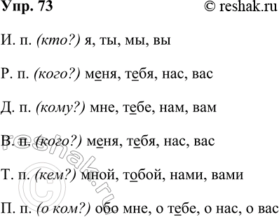 Изображение 73. Прочитайте. Продолжите запись склонения местоимений я, ты, мы, вы.  И. п. (кто?) я,ты,мы,вы	  Р....