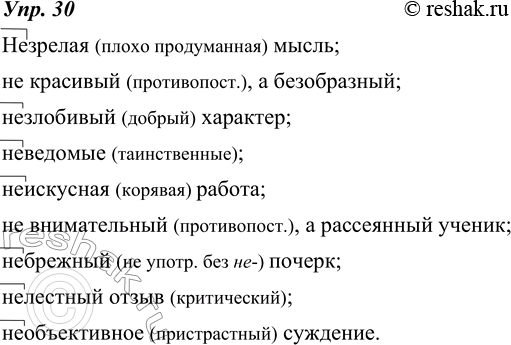 Изображение 30. Объясните графически написание не с прилагательными.  Незрелая мысль; не красивый, а...